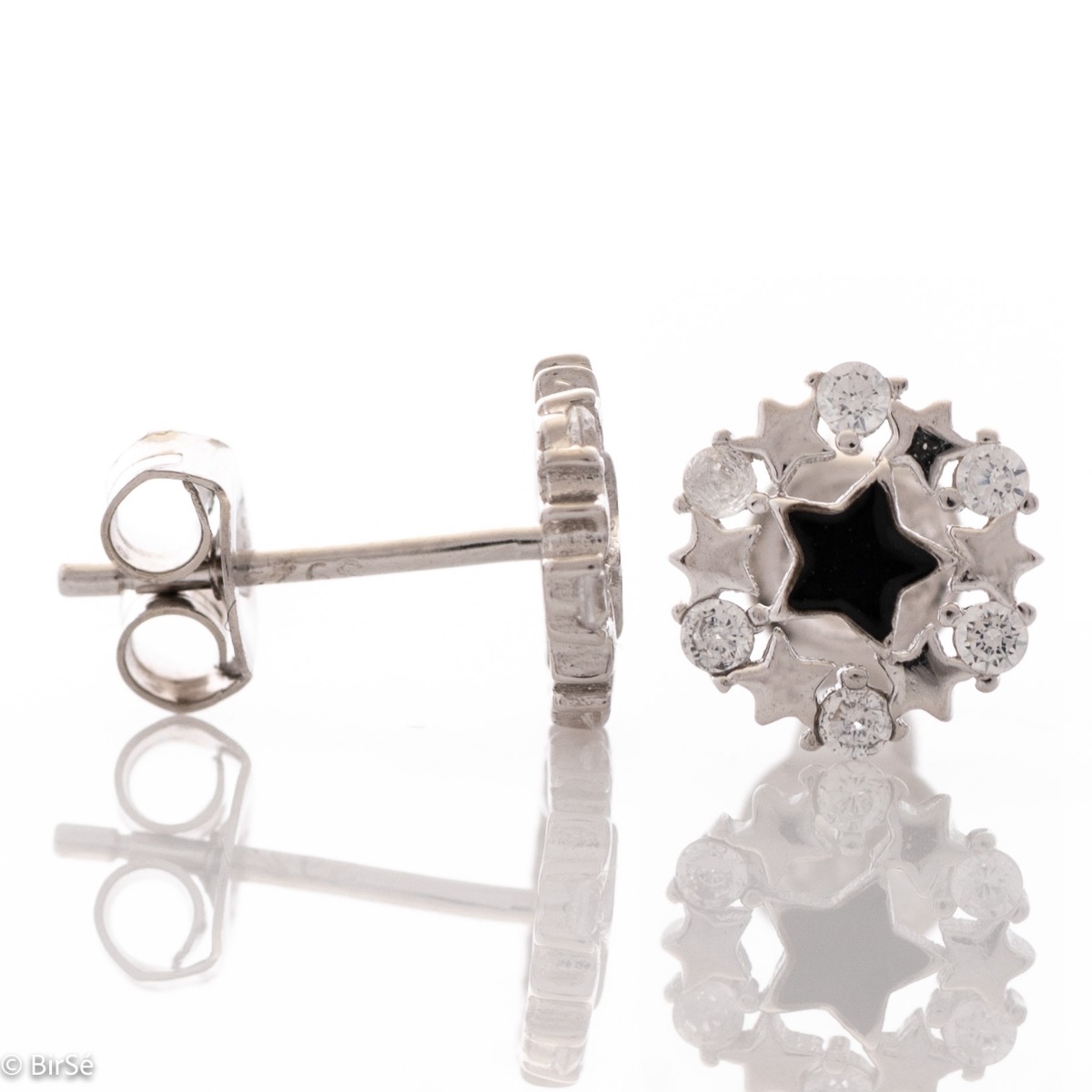 Captivatingly exquisite star earrings in rhodium-plated silver, elegantly decorated with zircons and added black enamel. Pin fastening for convenience and security. They are beautifully combined with jewelry made of silver and zircons.