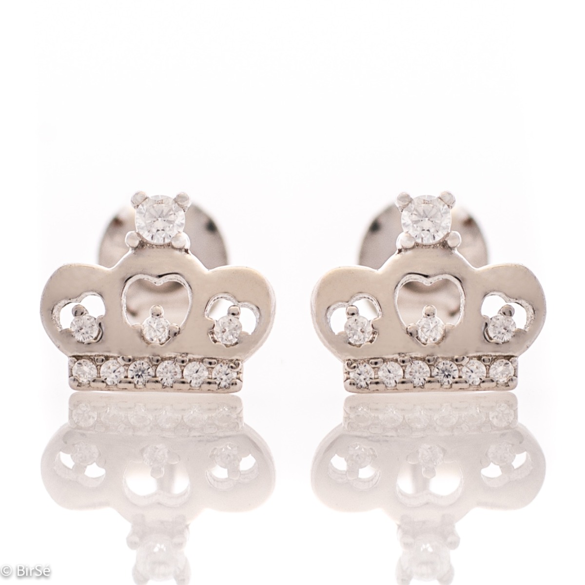 Charming women's stud earrings in the shape of beautiful crowns, complemented by sparkling fine cubic zirconias and crafted entirely in rhodium silver.