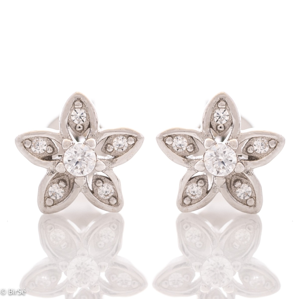 Delicate and glamorous women's shift earrings, with precise craftsmanship entirely of rhodium-plated silver and a flower of fine zircons. Suitable for small and large ladies.