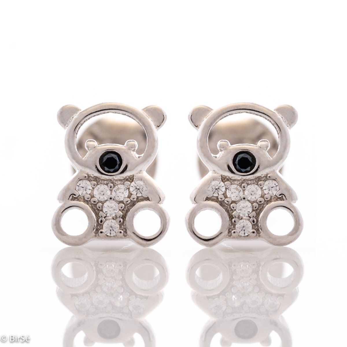 Charming earrings in soft rhodium silver in the shape of bears, encrusted with zircons. Pin fastening is comfortable and secure for little and big ladies.