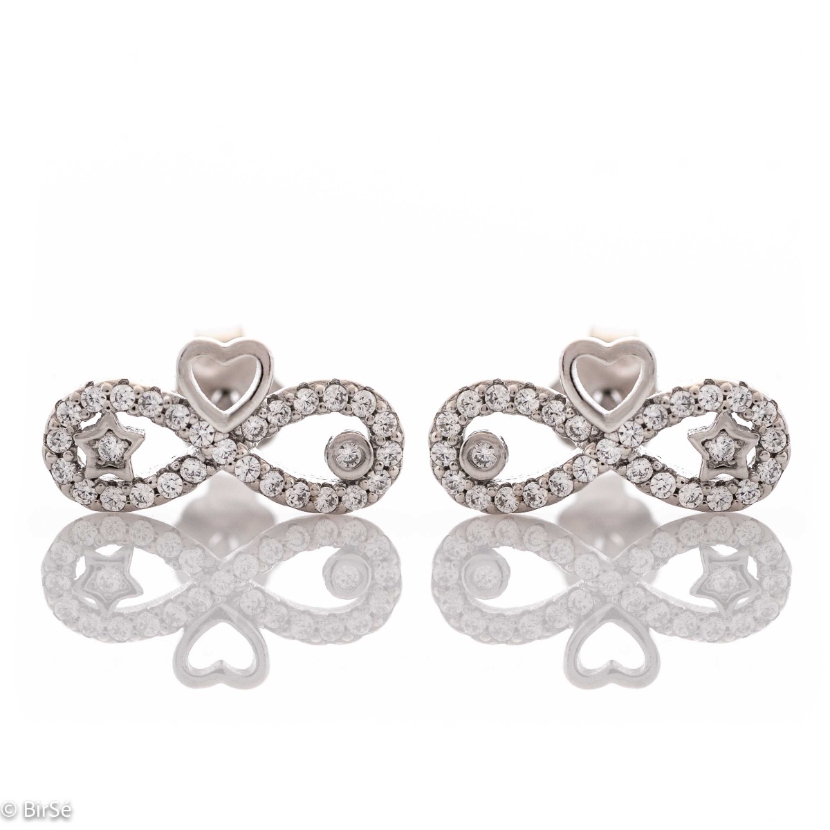 Small elegant silver earrings - infinity, entirely made of rhodium-plated silver, decorated with sparkling zircons. The interesting design includes various elements that add extra charm to the jewelry. The pin fastening is extremely comfortable.