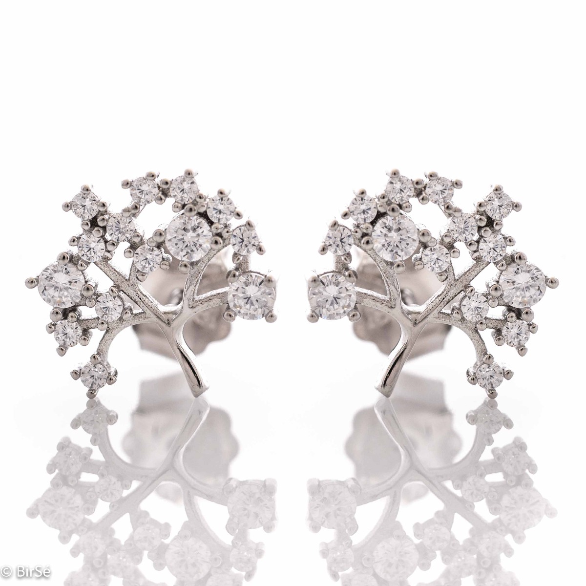 Extremely exquisite ladies' earrings with a designer shaped Tree of Life. The workmanship is entirely of fine rhodium silver, and the added sparkling zircons add even more charm to the jewelry. The fastening is with a pin.