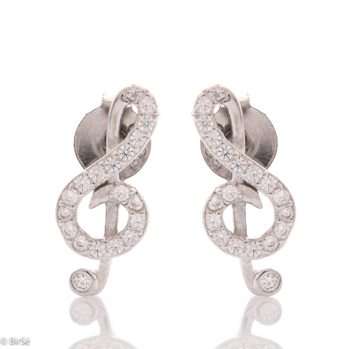 Delicate and glamorous women's drop earrings, with precise craftsmanship entirely of rhodium-plated silver and fine zircons. Beautifully shaped key salt, completely encrusted with sparkling zircons. Suitable for small and large ladies devoted to music.