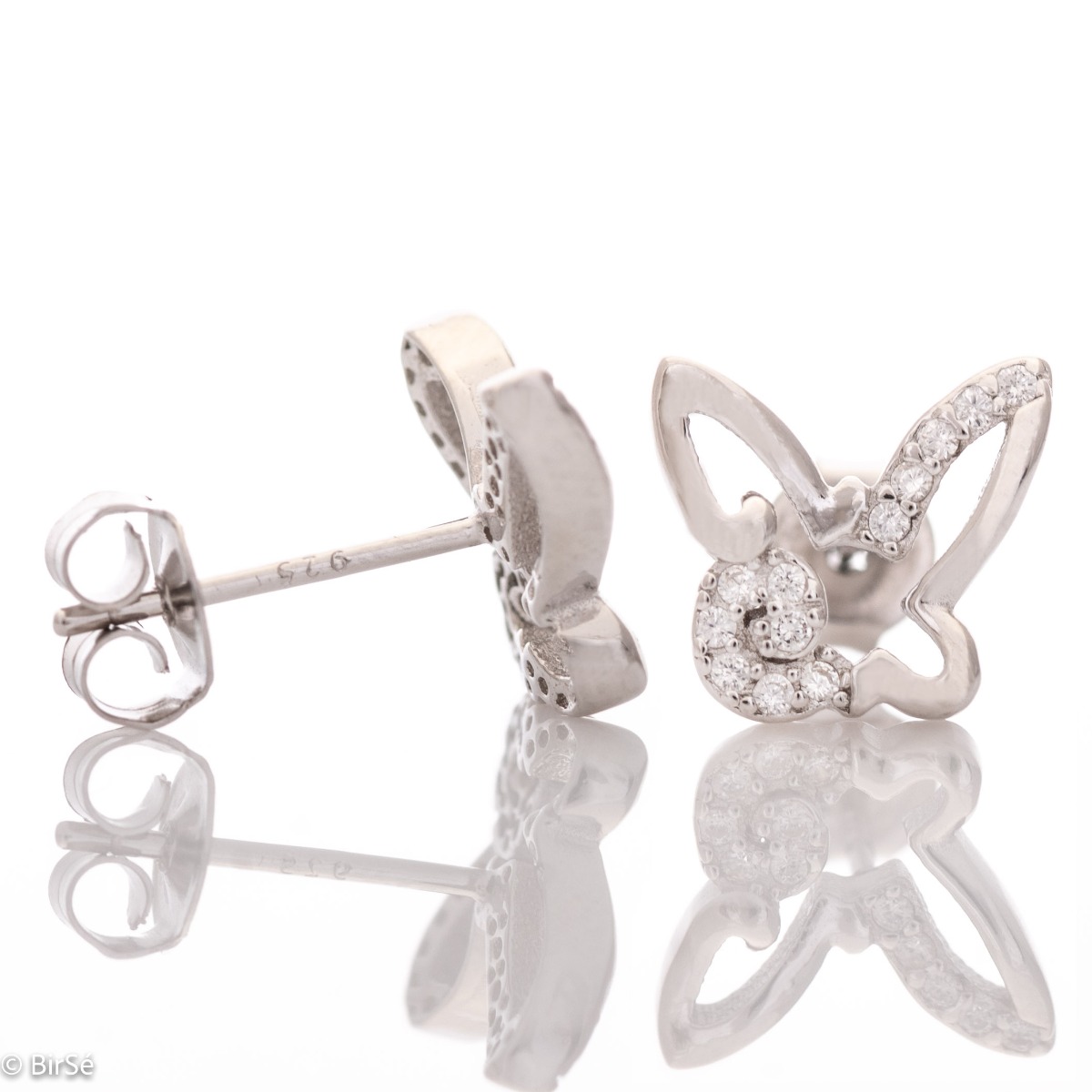 Delicate women's earrings in fine rhodium silver, with an interesting design of a butterfly with added zircons. The earrings are fastened with a pin - extremely convenient and secure. A suitable gift for the girl of your heart.