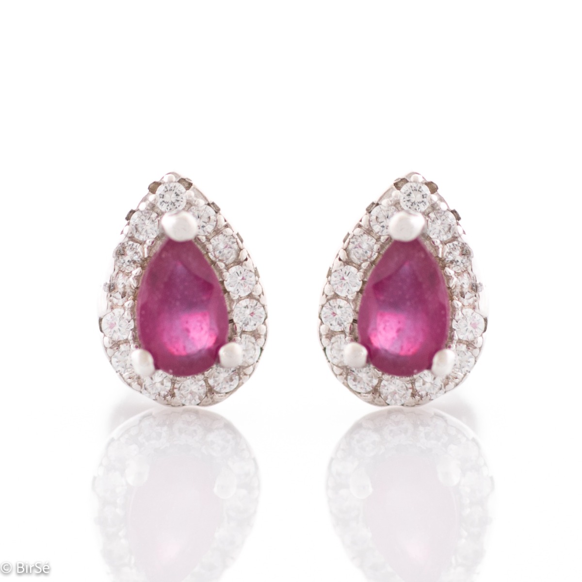 Radiant stud earrings delicately crafted in a teardrop shape and finely rhodium-plated sterling silver, complemented by exquisite natural rubies and sparkling zircons.