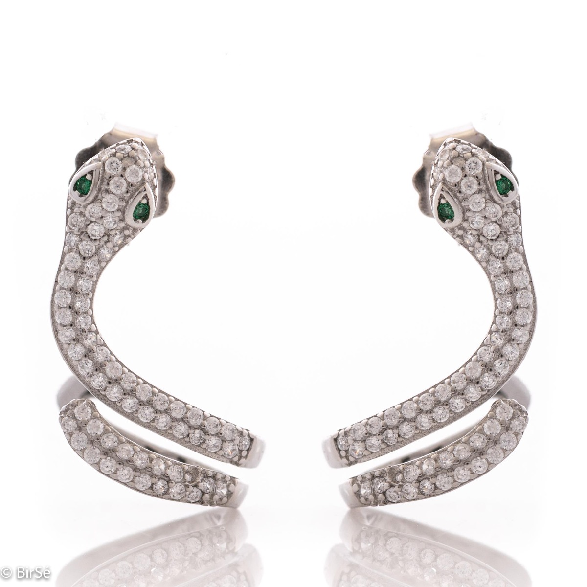 Exotic - extravagant women's earrings in the shape of a snake. Made entirely of rhodium-plated silver, with a comfortable pin fastening and covered with sparkling zircons.