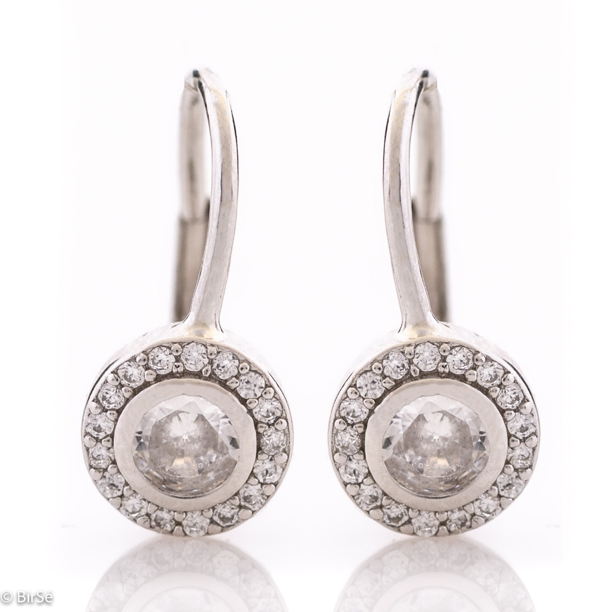 Delicately elegant silver earrings with a willow clasp. Stylishly crafted from a fine combination of rhodium silver with a sparkling central zircon and fine stones arranged in a circle around it.