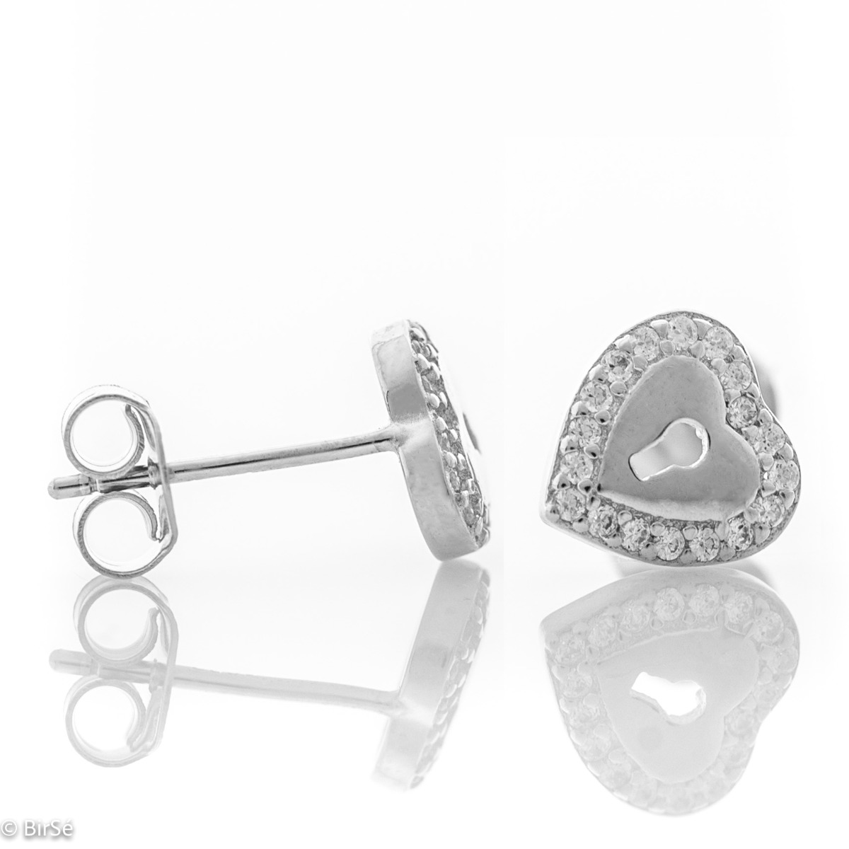 Stylish heart-shaped rhodium silver earrings for women, elegantly decorated along the contour with sparkling zircons.