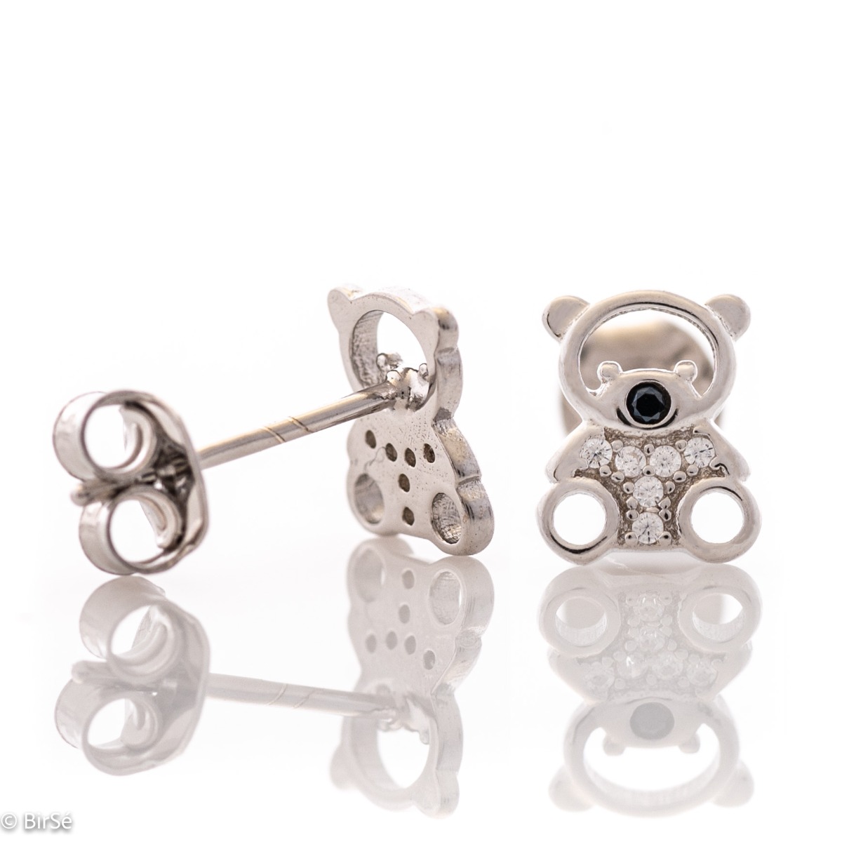 Charming earrings in soft rhodium silver in the shape of bears, encrusted with zircons. Pin fastening is comfortable and secure for little and big ladies.