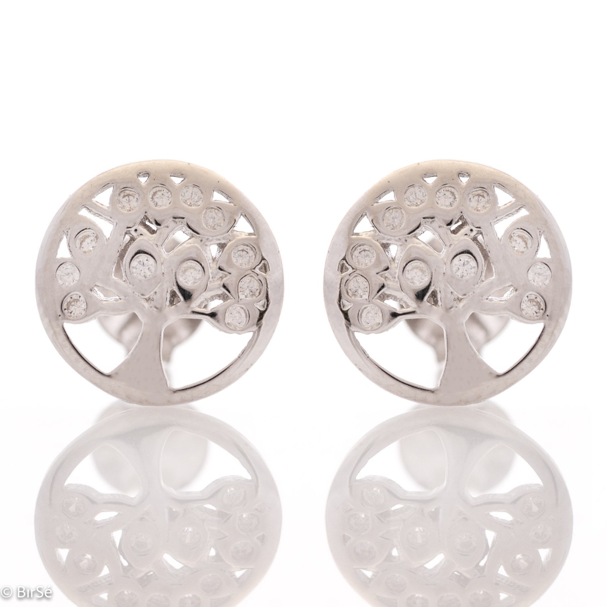 Captivating Women's Tree of Life Stud Earrings. They are made entirely of rhodium-plated silver and sparkling zircons. These earrings are a wonderful gift for your sweetheart. They can be combined with a pendant of the same model.