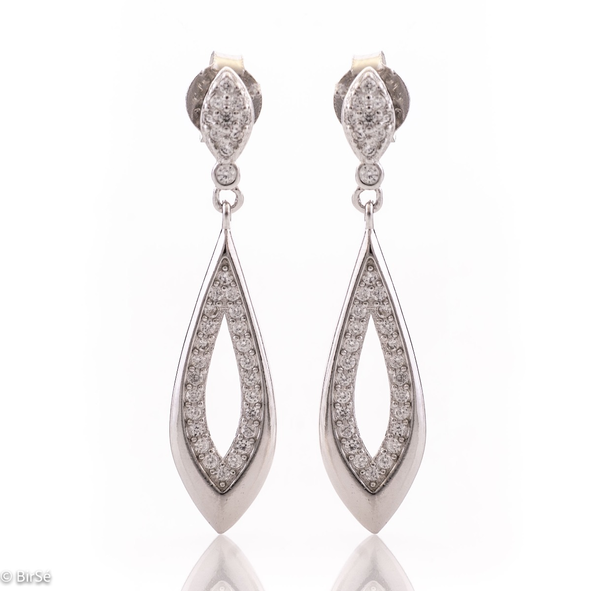 Elegant women's earrings made entirely of rhodium-plated silver and fine zircons. The graceful shape of the elements, the shine of the zircons and the elongated model turn the earrings into a piece of jewelry suitable for special occasions.