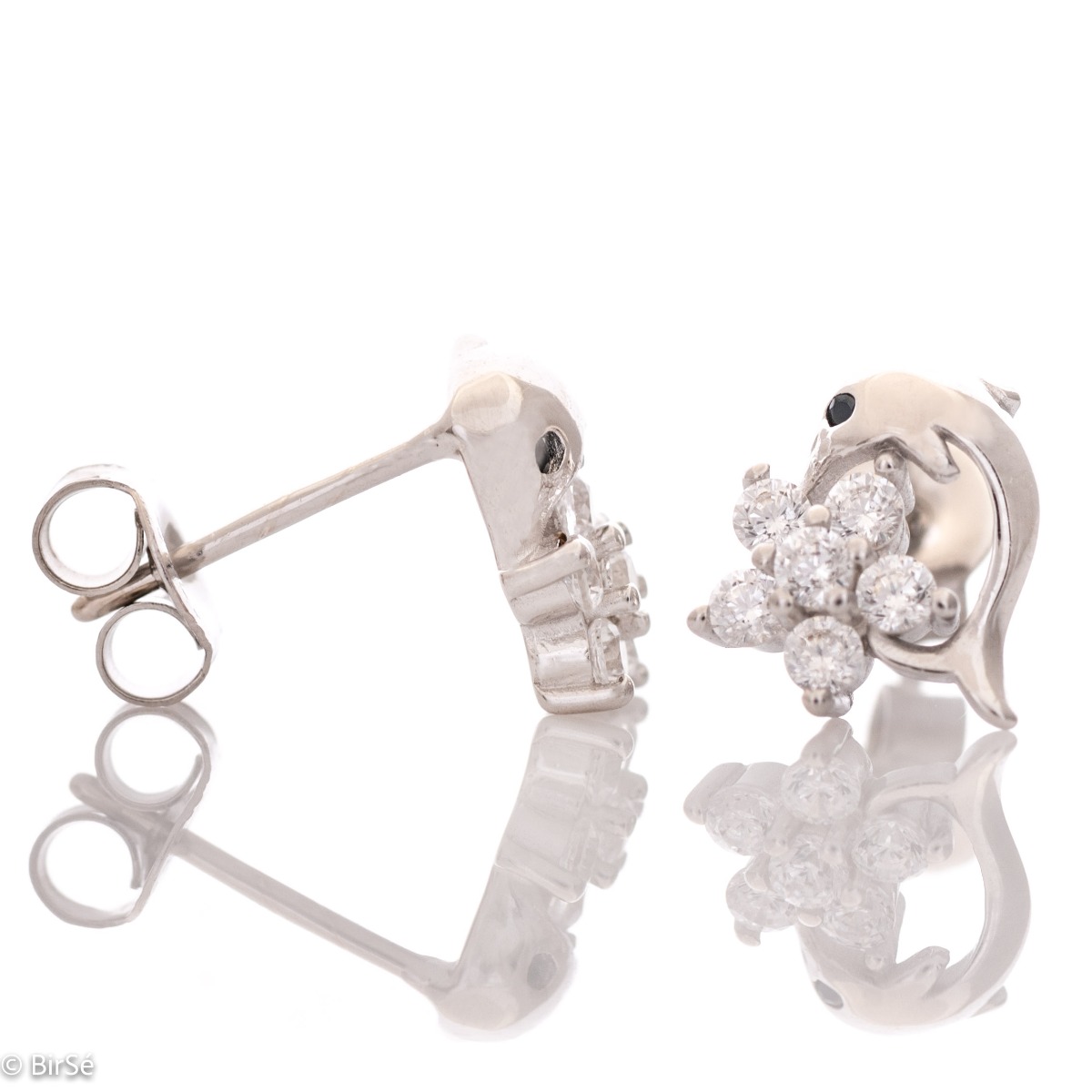 Delicate women's earrings in fine rhodium silver, with an interesting design layout of a charming dolphin, embracing a flower of sparkling zircons.