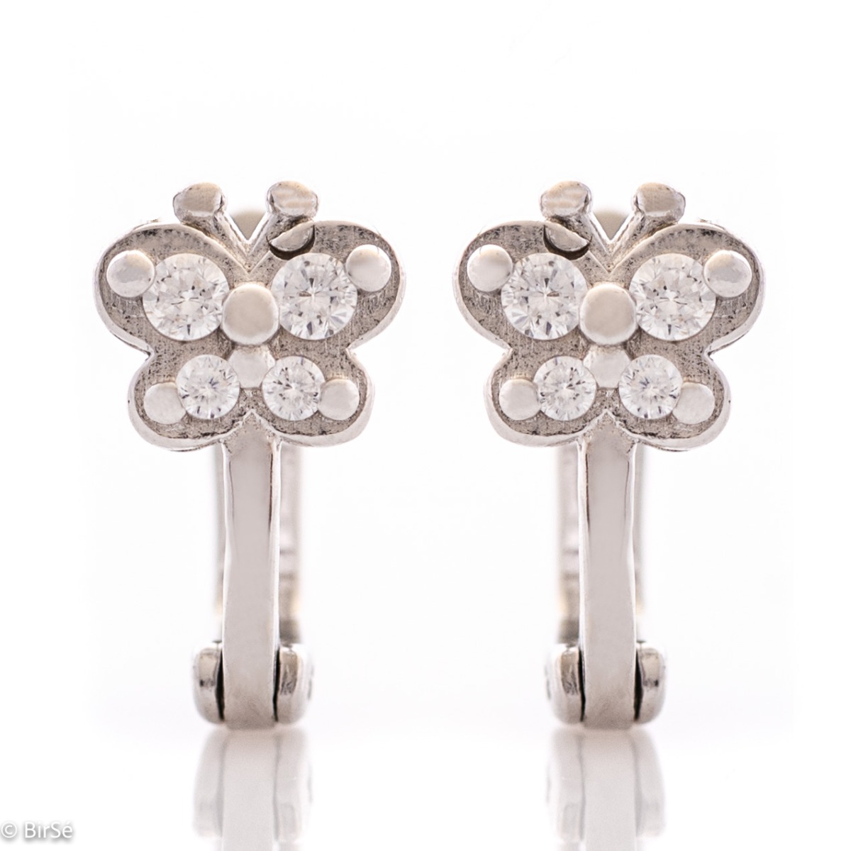 Delicate ladies' earrings made of rhodium-plated silver with a comfortable English clasp. The front side of the earrings is in the shape of exquisite butterflies, carefully decorated with zircons.