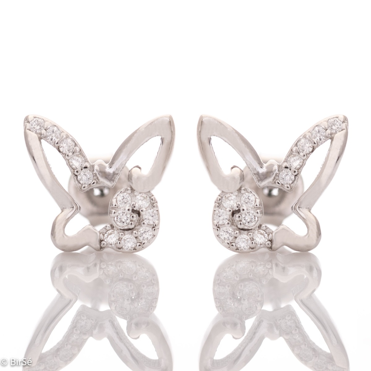 Delicate women's earrings in fine rhodium silver, with an interesting design of a butterfly with added zircons. The earrings are fastened with a pin - extremely convenient and secure. A suitable gift for the girl of your heart.