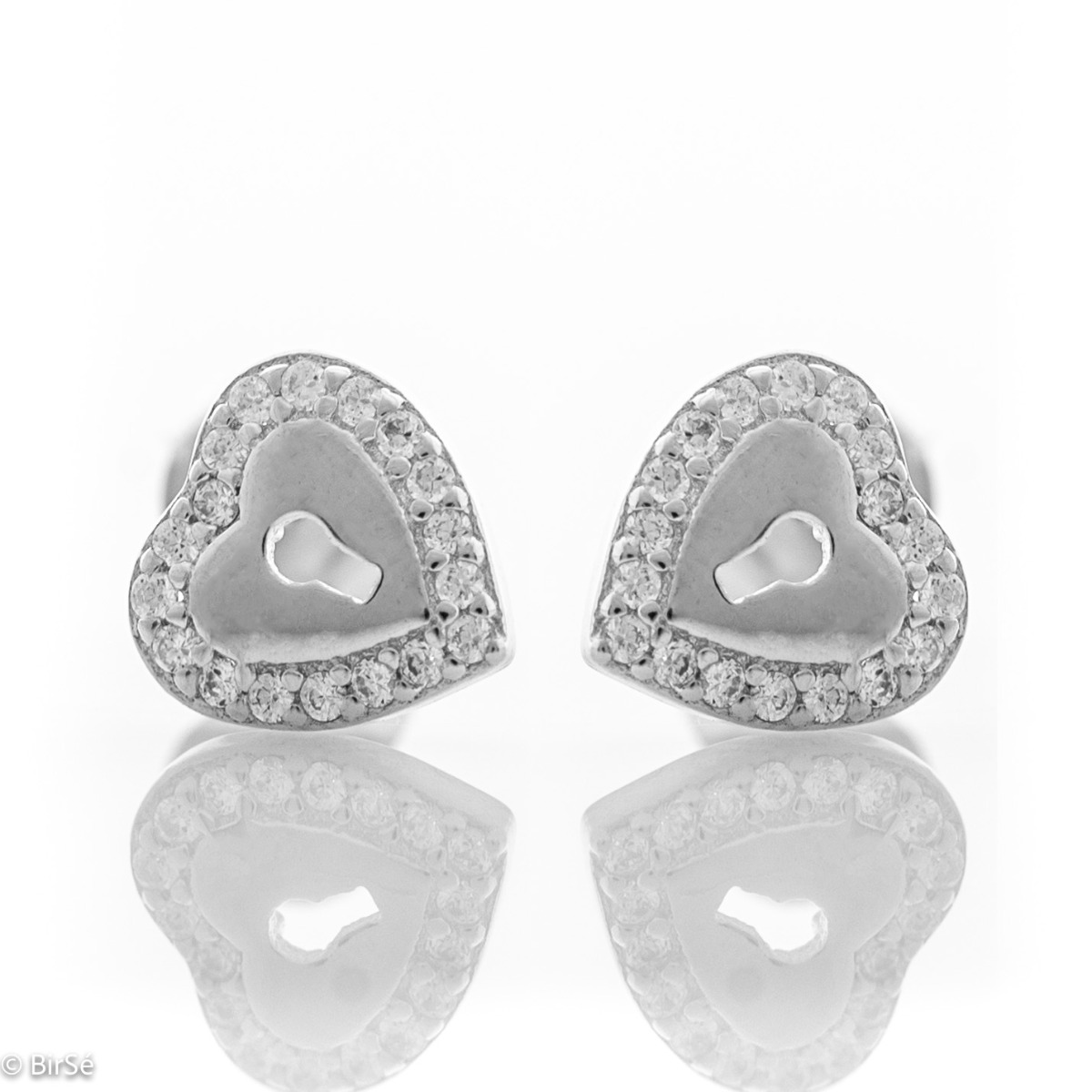 Stylish heart-shaped rhodium silver earrings for women, elegantly decorated along the contour with sparkling zircons.