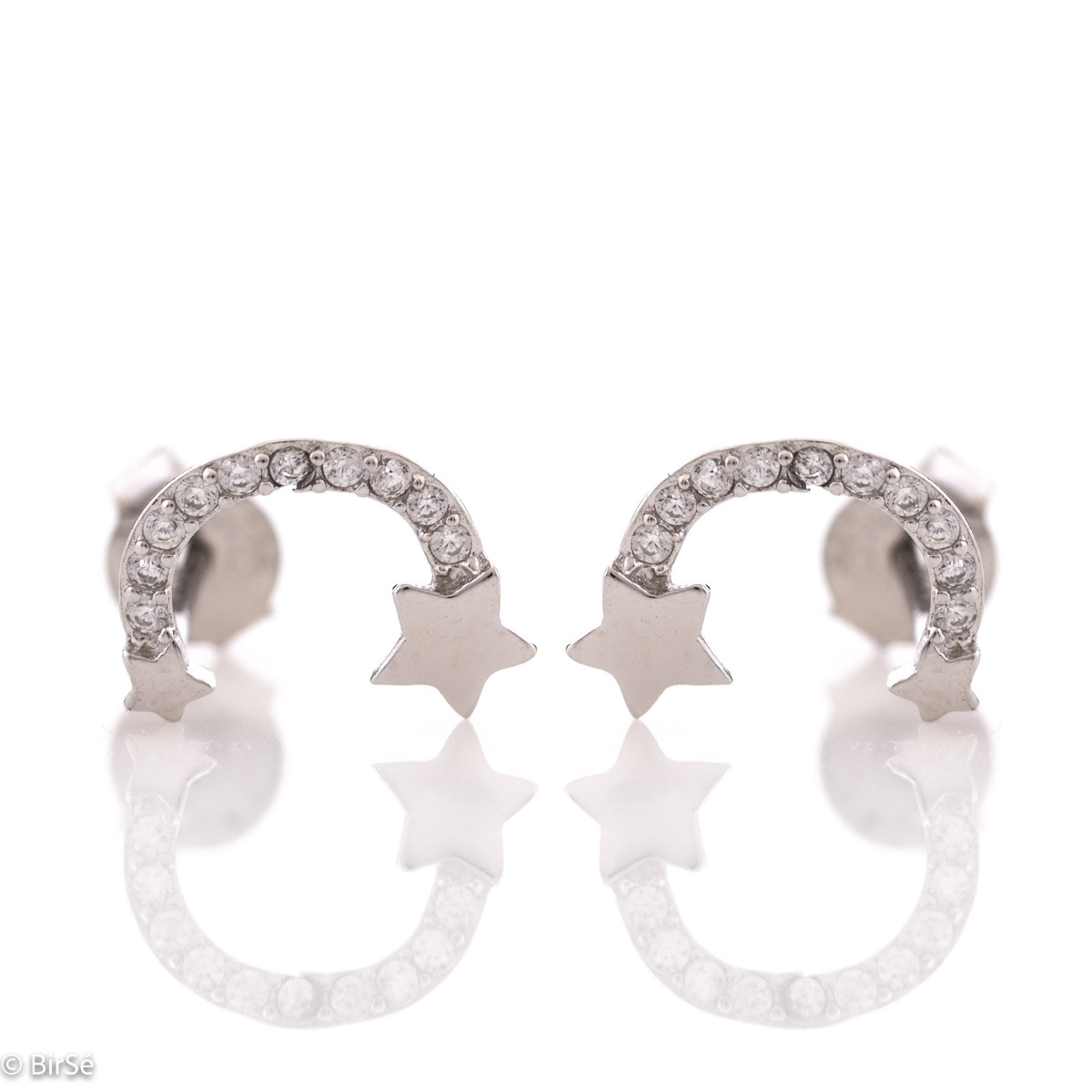 Extremely impressive silver earrings with a rainbow shape, fine stars and pin fastening. Stylish composition made of a fine combination of rhodium-plated silver with sparkling zircon stones.