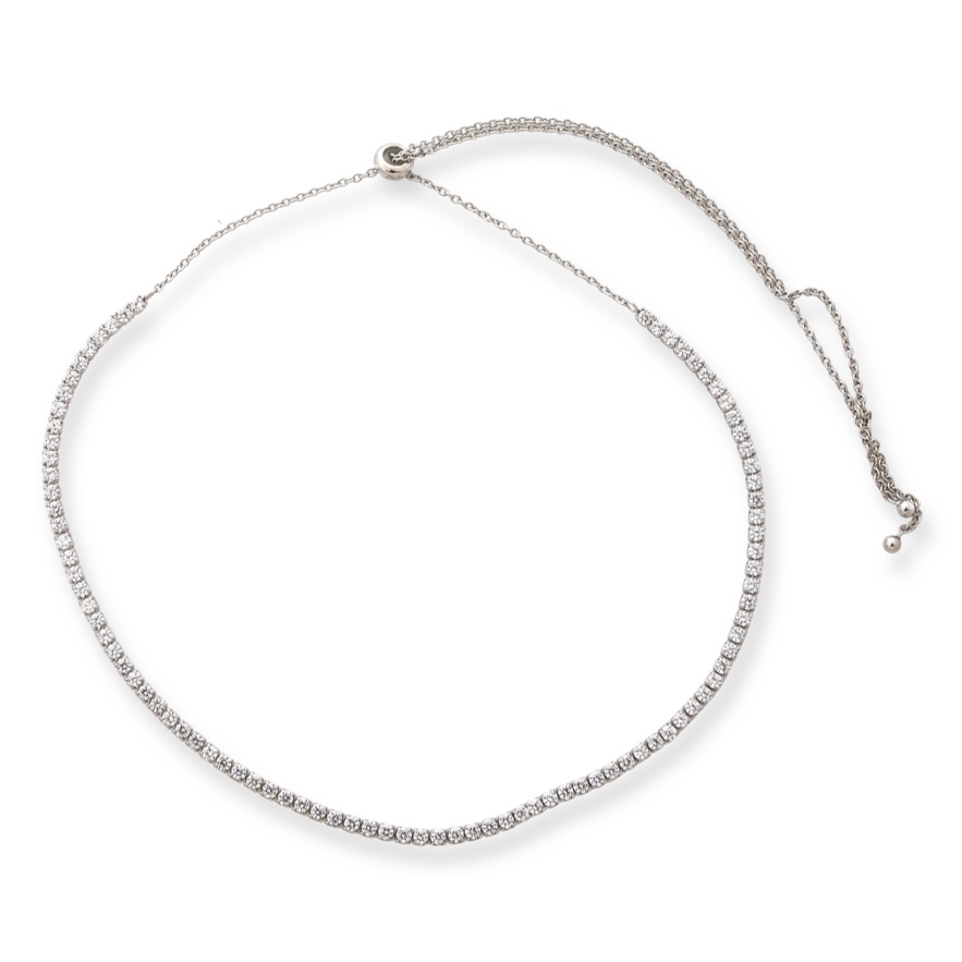 Stylish women's silver necklace, made entirely of rhodium-plated silver and covered with sparkling zircons. The necklace is an adjustable elevator type size, extremely convenient for formal outfits.