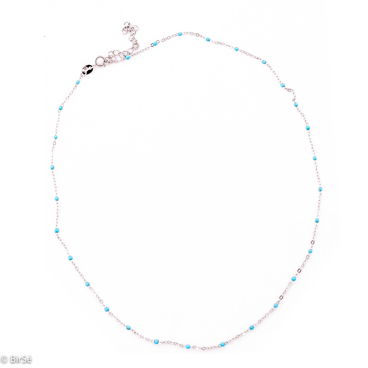 Delightfully delicate women's necklace in fine rhodium silver and delicate blue turquoise beads that add an exotic nautical flavor to the jewelry. Can be combined with a matching bracelet with the same turquoise elements.