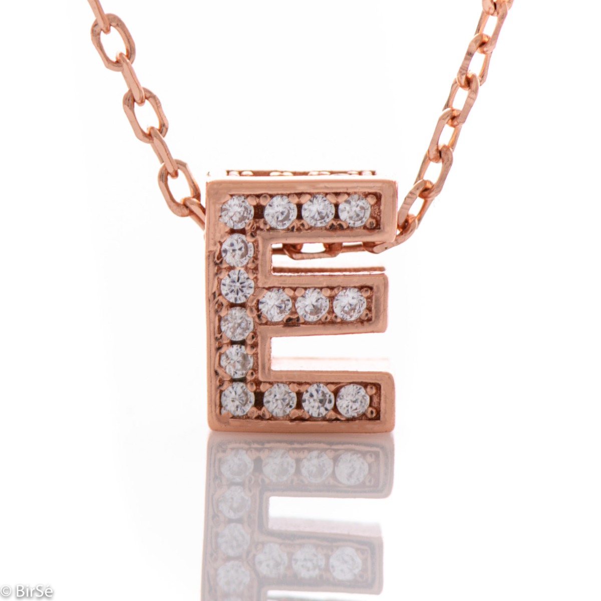 Delicate Rose Gold Silver Necklace with Letter E and Zircons