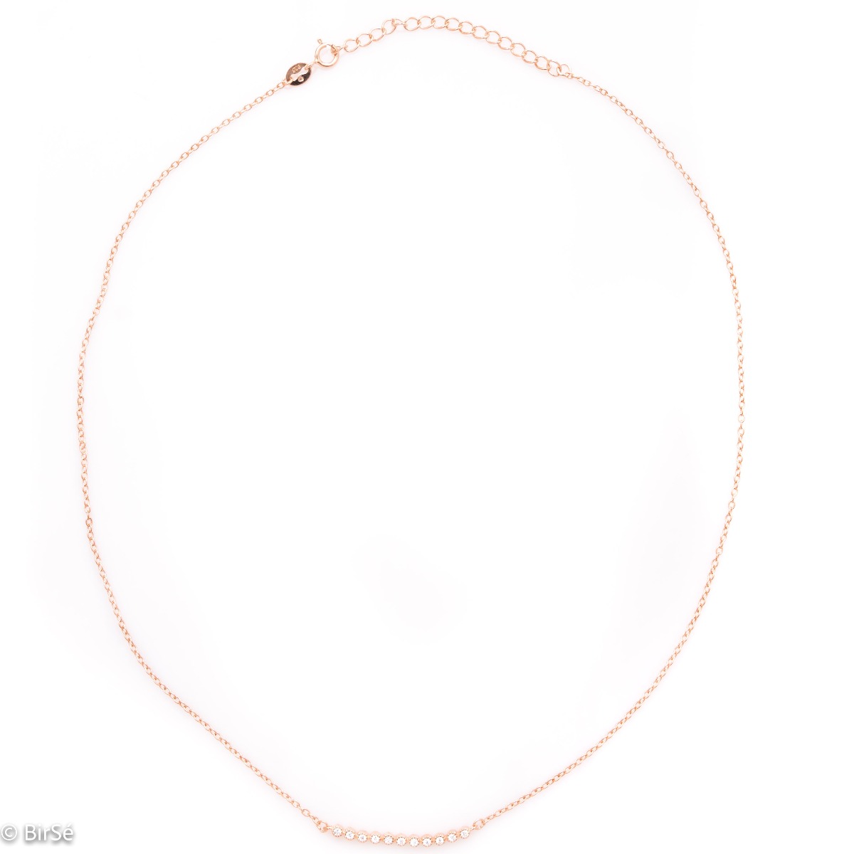 Delicate, elegant women's necklace in rhodium-plated rose silver with finely crafted details and a beautifully shaped row of sparkling cubic zirconias. The jewelry is extremely simple and a suitable accessory for any outfit.