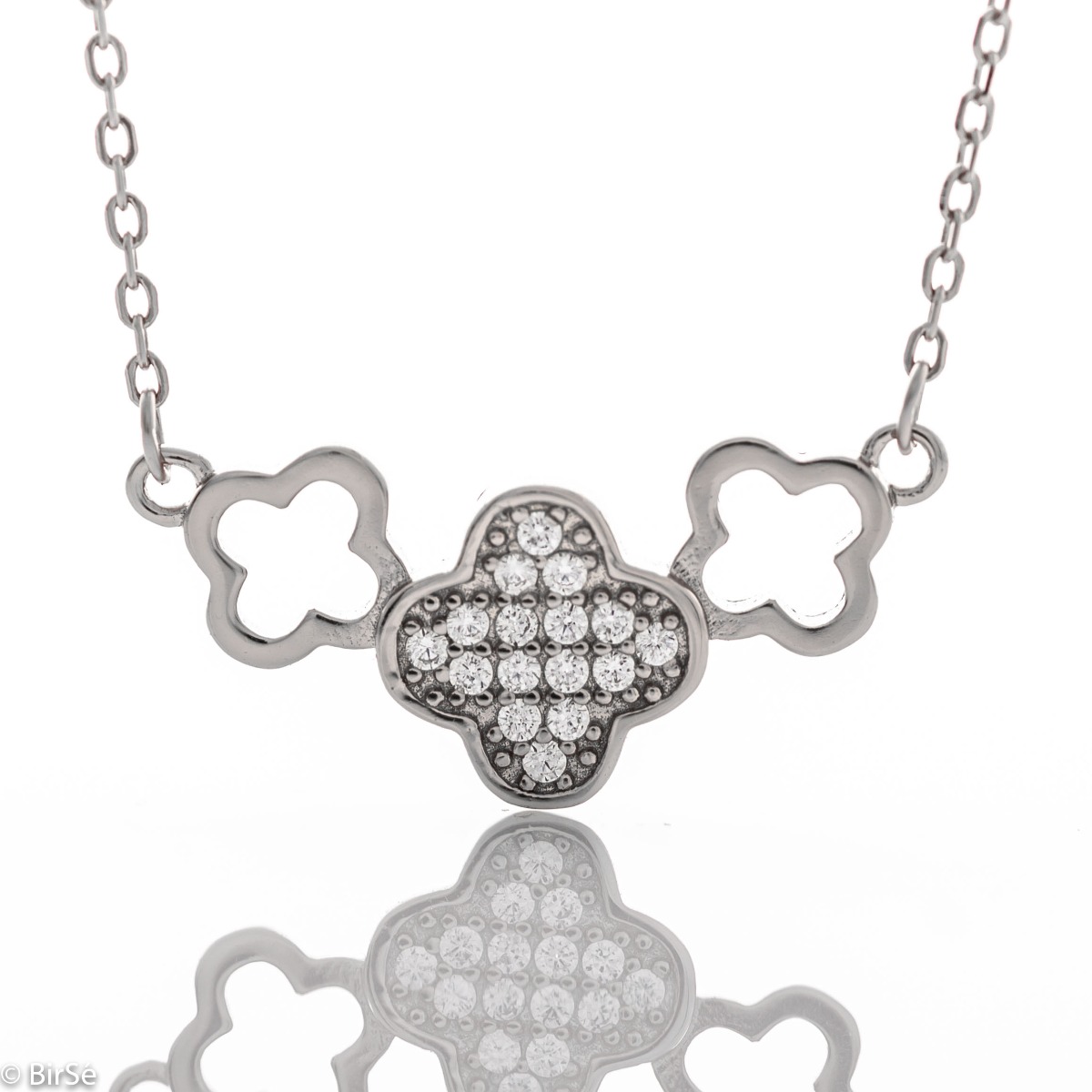 A rhodium-plated sterling silver necklace in the shape of a clover, beautifully studded with zircons. Suitable for ladies of any age.