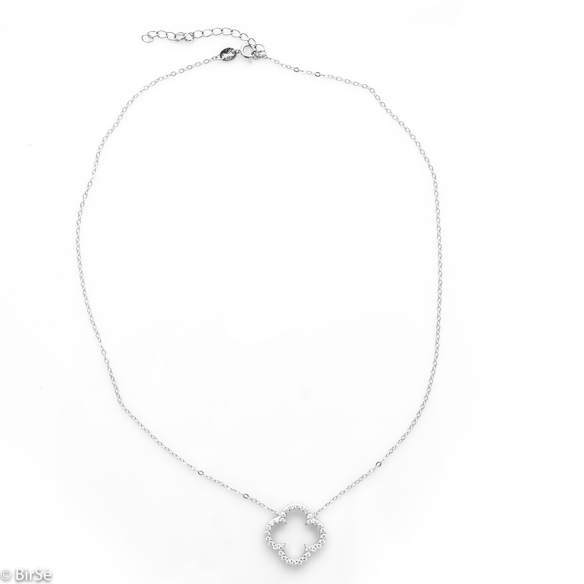 A delicate and sophisticated sterling silver necklace in the shape of a clover, beautifully studded with sparkling zircons. A fashionable and popular type of jewelry for sophisticated ladies.