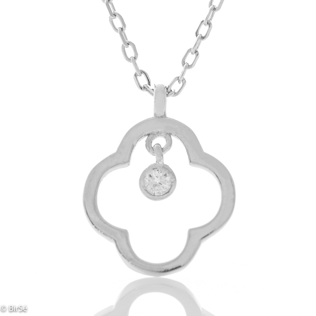 Finely crafted classic sterling silver necklace with a delicate clover outline. Elegantly dangling zircon adds extra sparkle to the necklace.