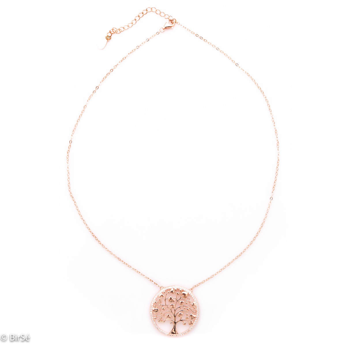 A charming women's necklace with precision craftsmanship in rose silver and delicate details forming the Tree of Life, surrounded by sparkling zircons.