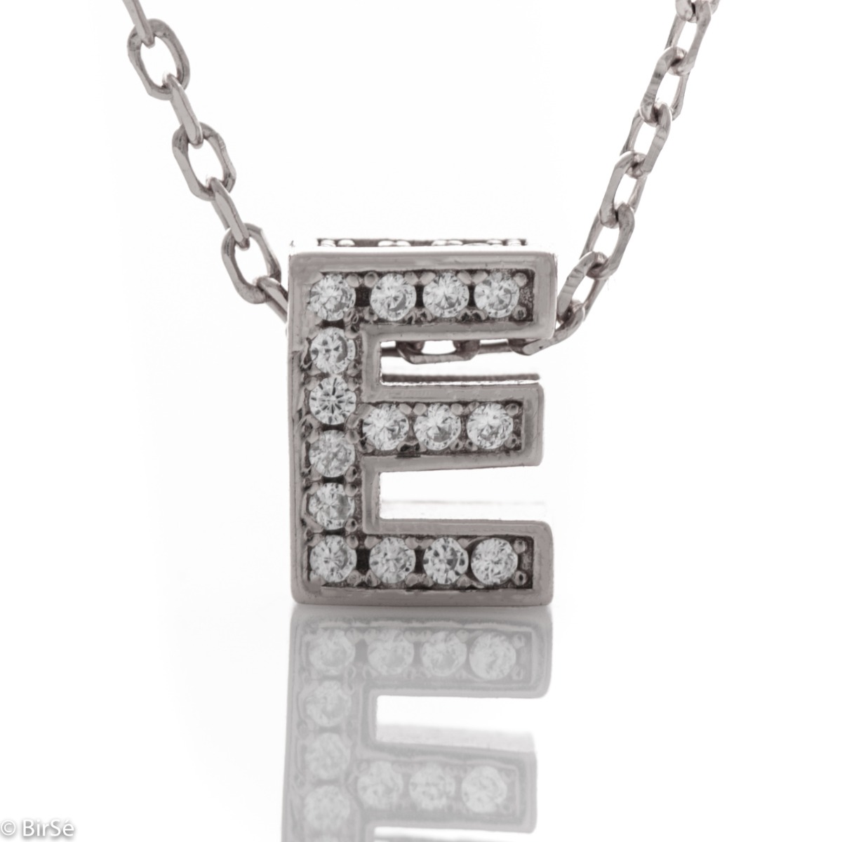 Finely crafted rhodium-plated sterling silver letter E necklace for women, fully covered with glittering zircons. An attractive piece of jewelry in which the delicate beauty of silver is skilfully combined with the brilliance of zircons.