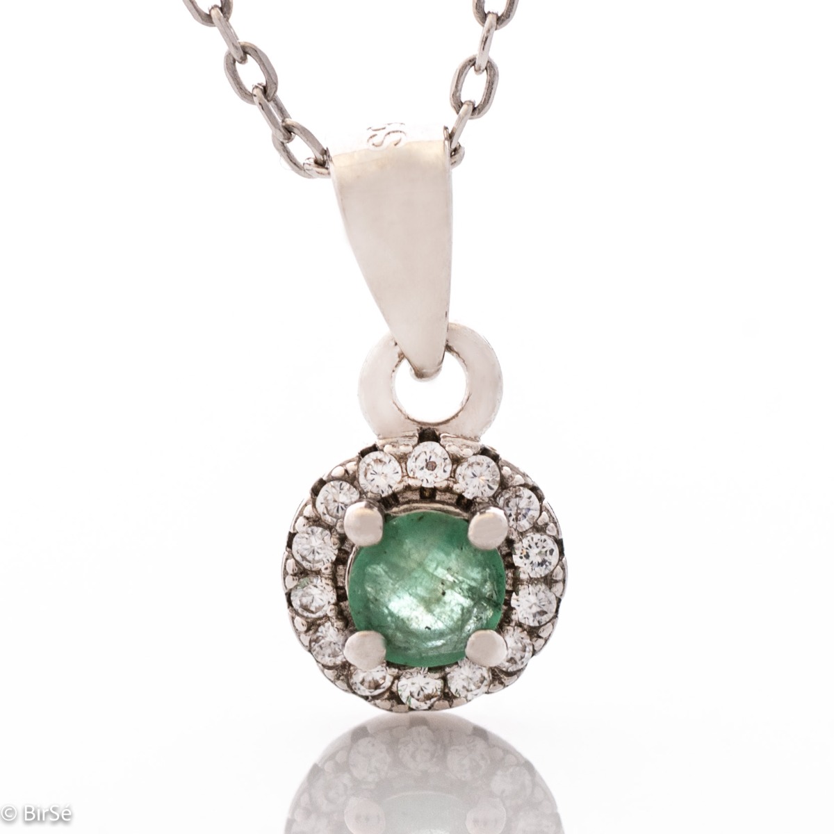 Adorable Women's Necklace of Rhodrano Silver with Natural Emerald and Zirconi