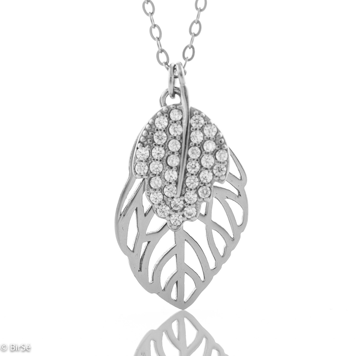 Extremely fine and delicate workmanship of a necklace of soft rhodium-plated silver in the shape of a leaf. Stylish design of the details with the addition of sparkling white zircons.