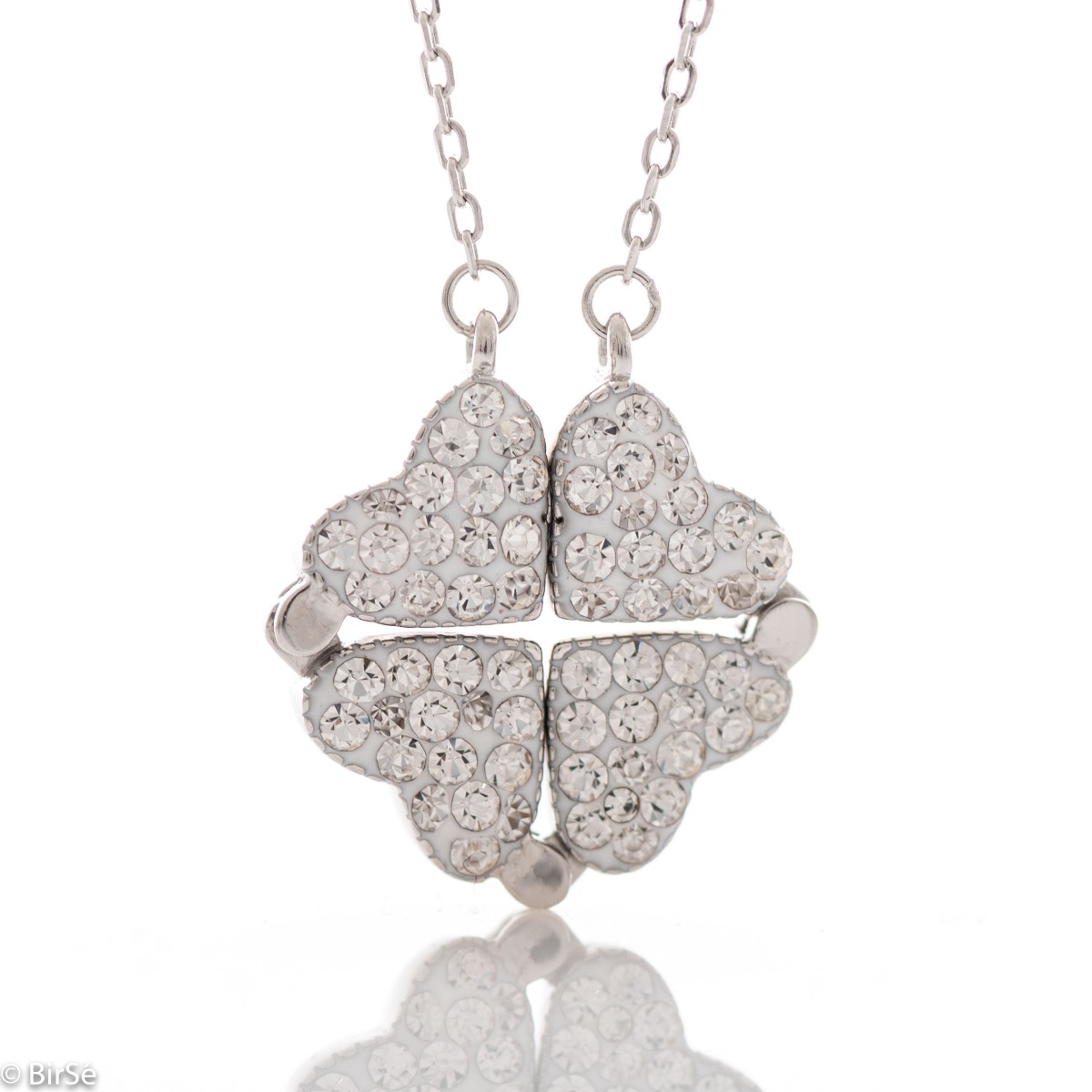 A unique necklace made of rhodium-plated silver, with the possibility of several wearing options. The necklace is assembled using a magnet in the shape of a clover, which on each side has a different color of zircons. When open, you have a row of beautifu