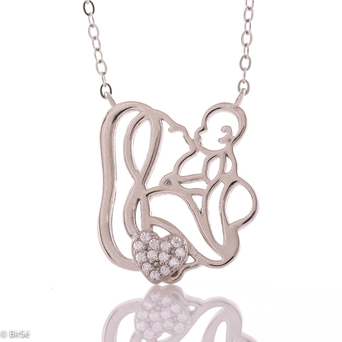 Silver necklace - "Mom and Baby" is an exquisite piece of jewelry, made with a lot of love and craftsmanship from beautiful rhodium-plated silver. A heart fully decorated with zircons gives the necklace extra sparkle. A suitable gift for mothers-to-be or 