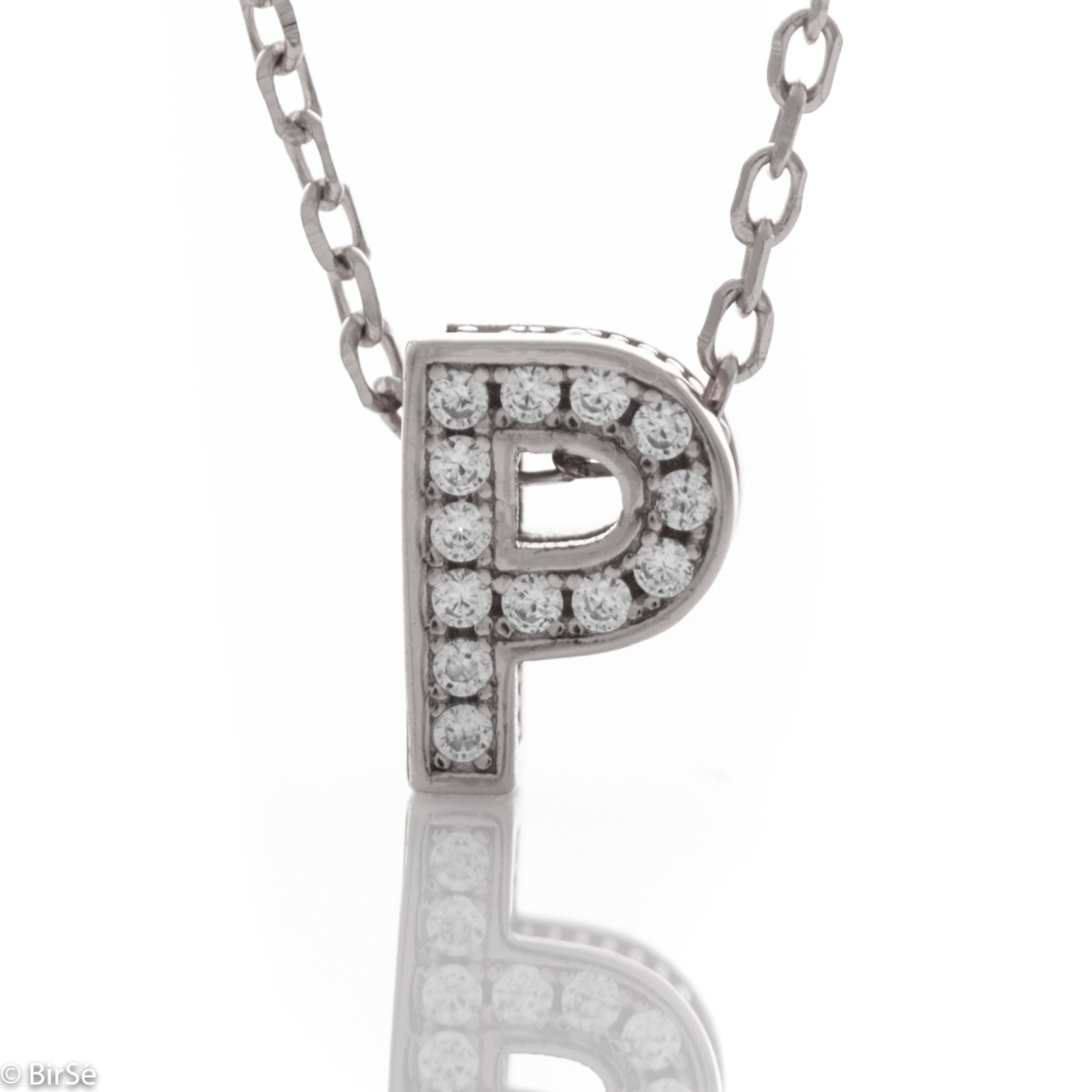 Finely crafted women's rhodium silver necklace with the letter P, all covered with sparkling zircons. An attractive piece of jewelry in which the delicate beauty of rhodium-plated silver is skilfully combined with the brilliance of zircons.