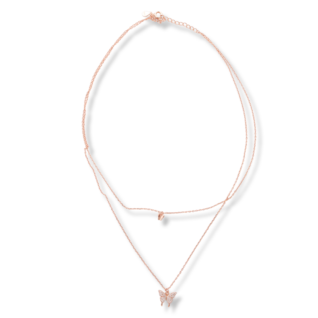 Tempting creation of women's necklace in fine rose silver with delicate butterflies and countless glittering zircons. The dainty butterflies are set on two rows of rose silver chains, and the extra extension allows the length to be adjusted.