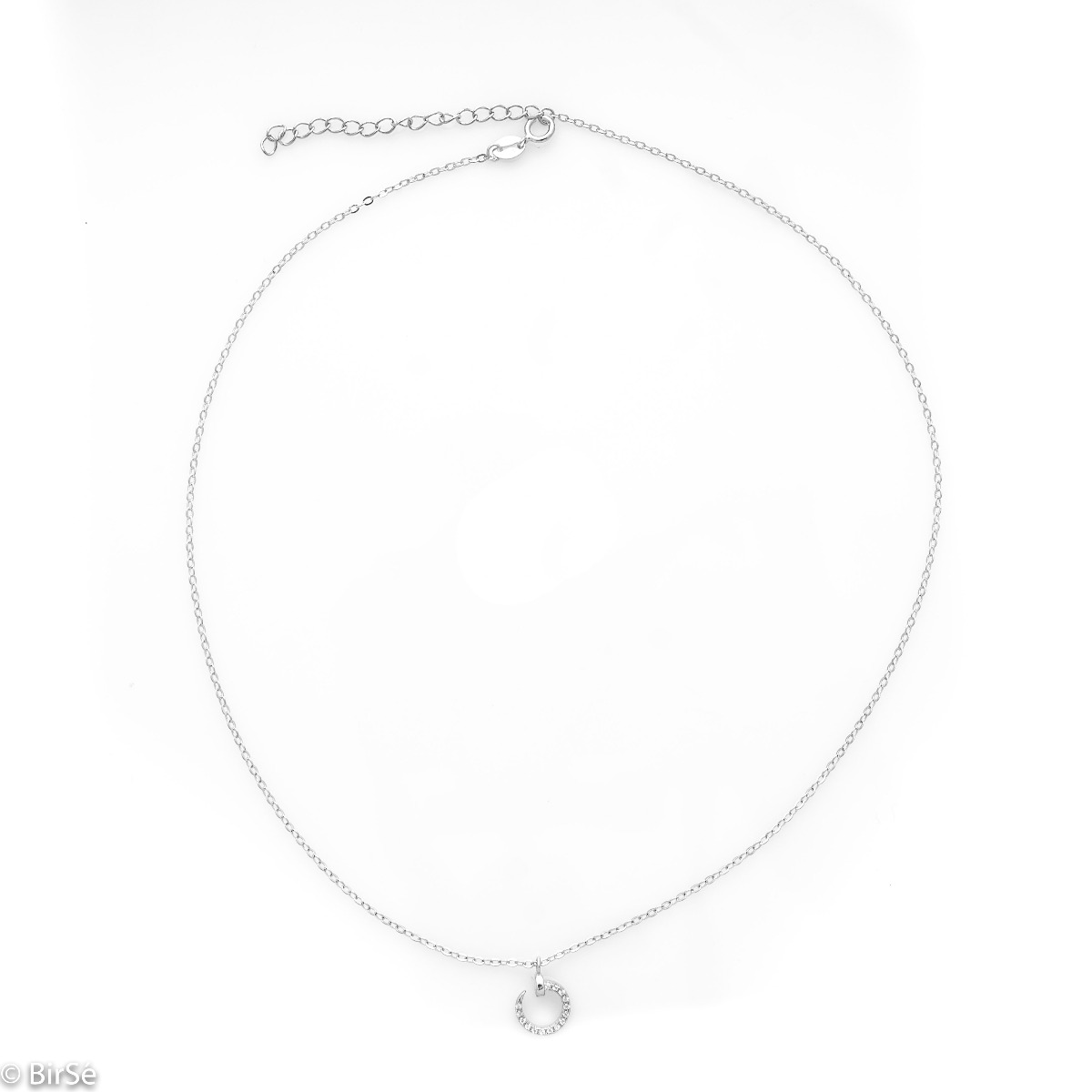 An exquisite silver necklace with a spectacular element of a small nail complemented by shiny zircons and made entirely of soft rhodium-plated silver.