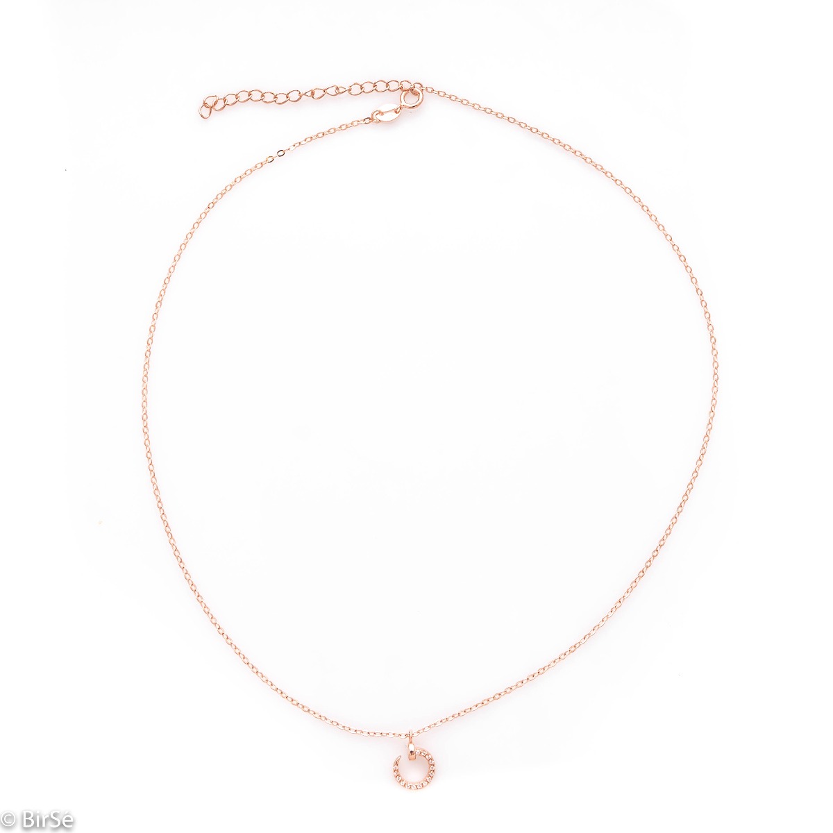 An exquisite silver necklace with a spectacular element of a small nail complemented by glittering zircons and made entirely of soft rhodium-plated rose silver.