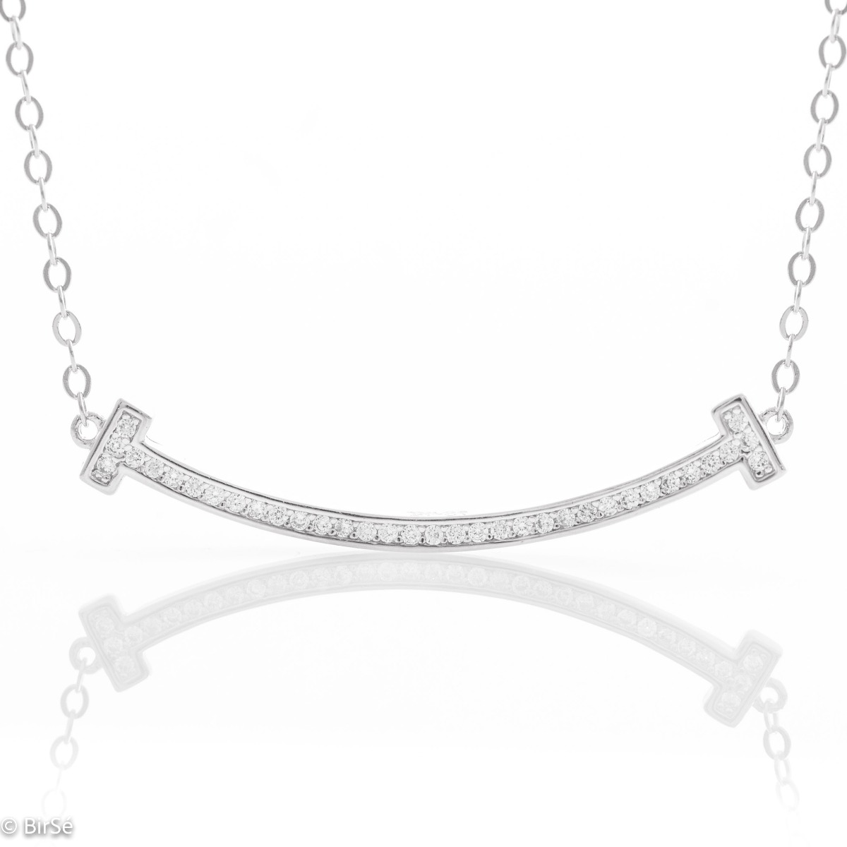 An elegant rhodium-plated silver necklace with finely worked rows of sparkling zircons.