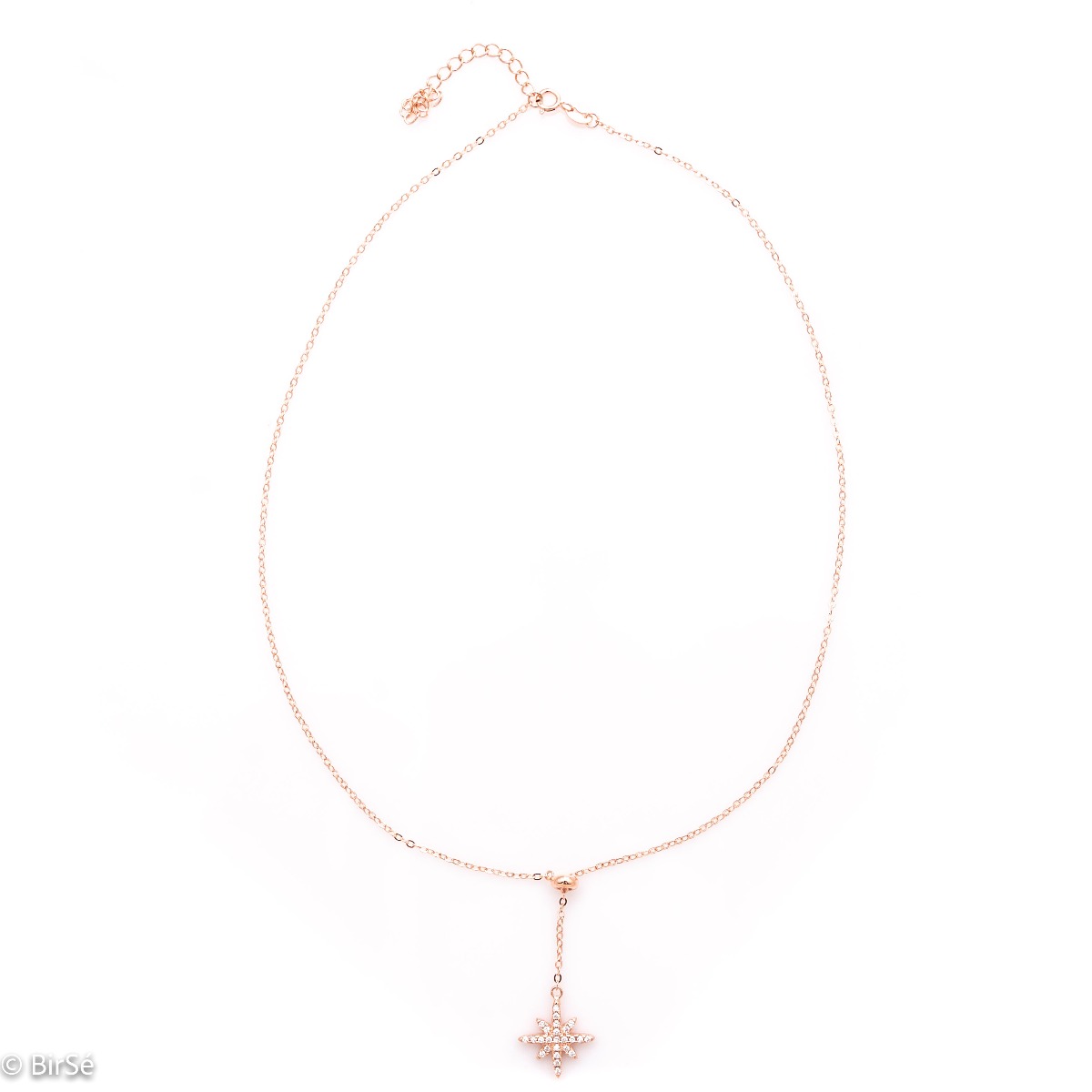 An exquisite necklace in soft pink silver with a beautiful star pendant, fully decorated with sparkling zircons. All jewelry is gift-wrapped and accompanied by a certificate of quality and warranty.