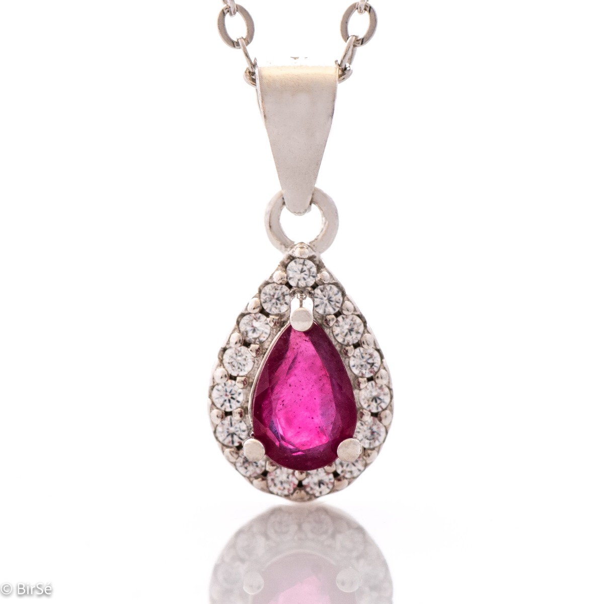 Enchanting Women's Necklace of Rhodinated Silver with Natural Drop Ruby and Glamorous Zircons