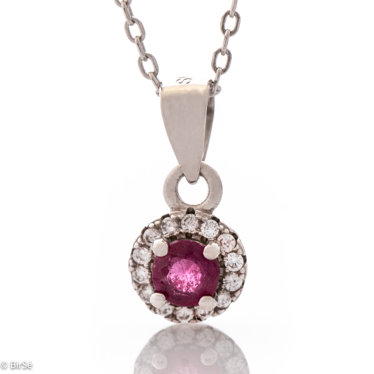 Adorable Women's Necklace of Rhodrano Silver with Natural Ruby and Zirconi