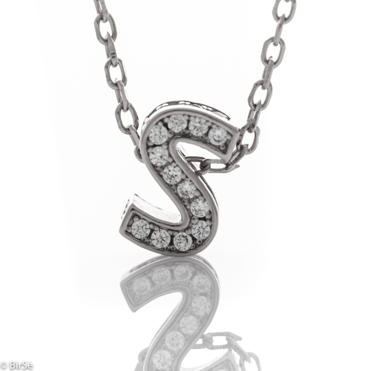 Finely crafted silver letter S necklace for women, all covered with glittering zircons. An attractive piece of jewelry in which the delicate beauty of rhodium-plated silver is skilfully combined with the brilliance of zircons.