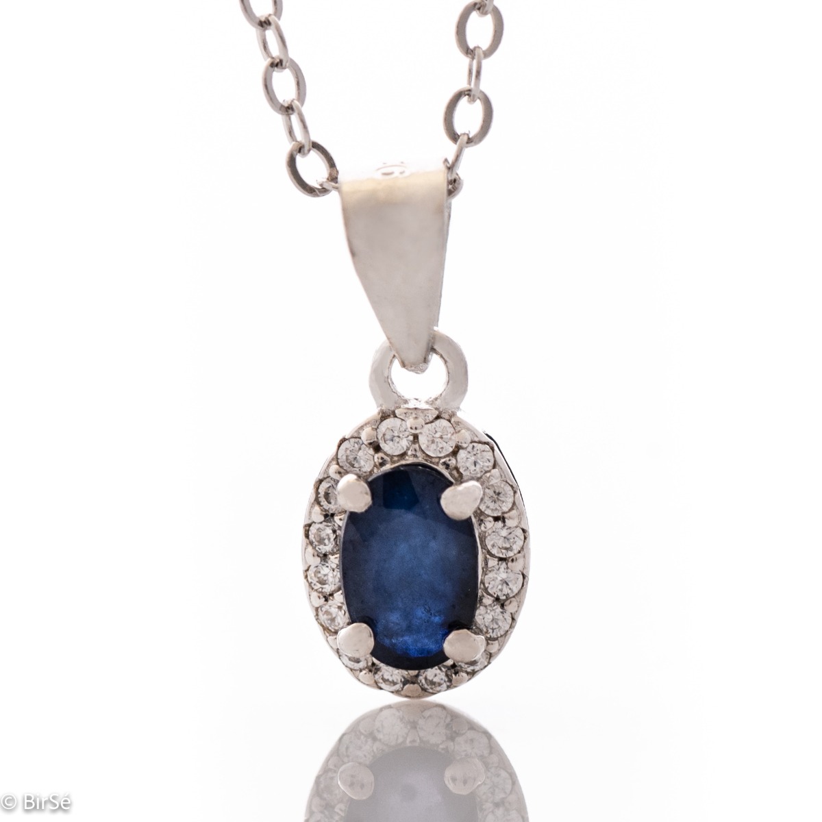 Stylish Women's Necklace of Fine Silver with Charming Natural Sapphire and Gentle Zircons