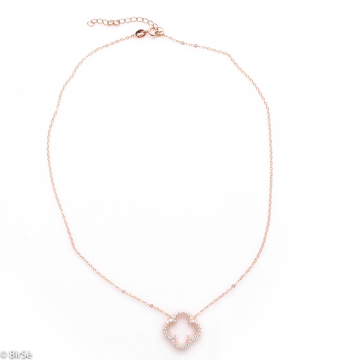 Delicate and sophisticated rose silver necklace in the shape of a clover, beautifully studded with sparkling zircons. A fashionable and popular type of jewelry for sophisticated ladies.