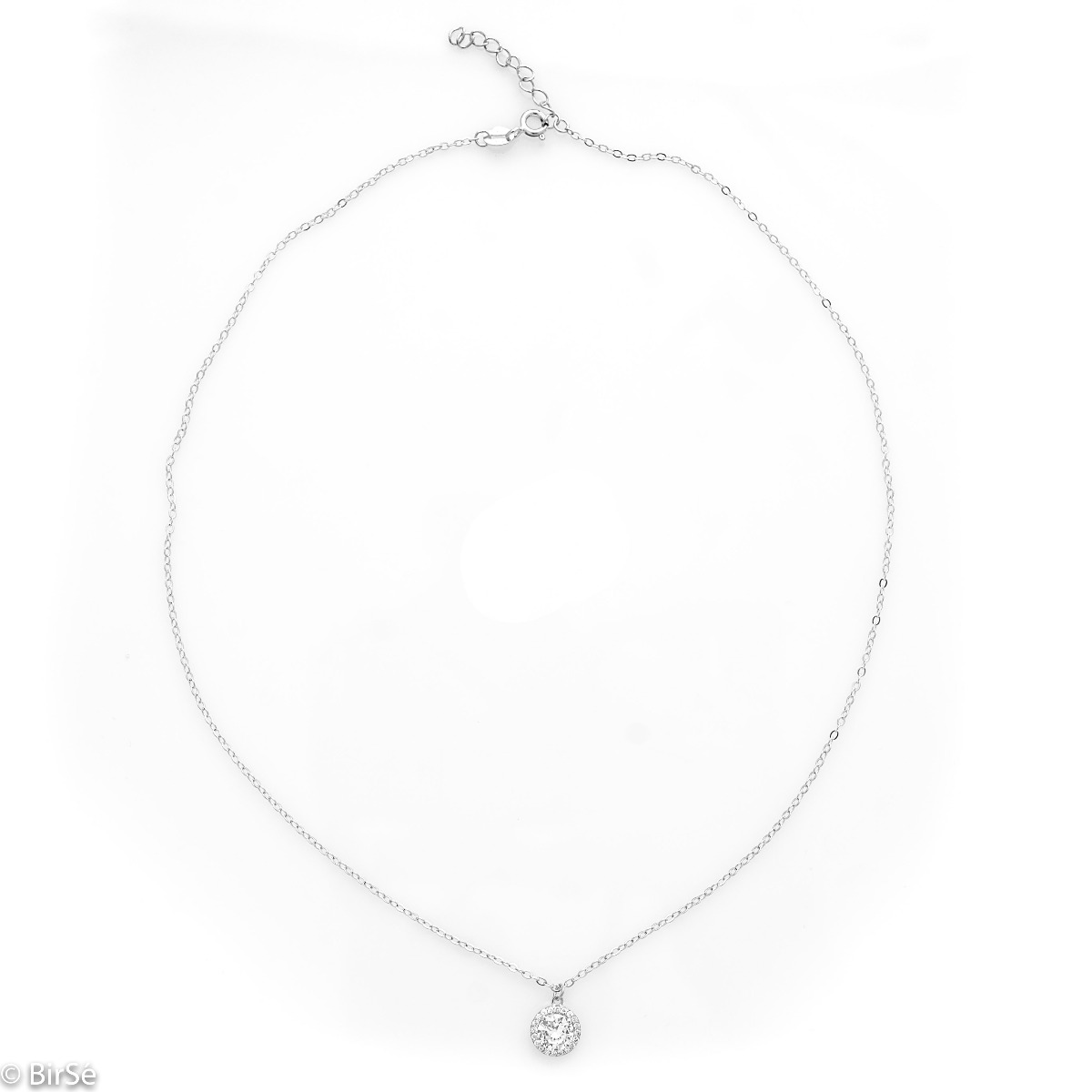 A simple refined necklace made of rhodium-plated silver and a beautiful shiny zircon, beautifully surrounded by many tiny zircons. It is suitable for ladies who like clean lines in jewelry. It can be combined with earrings and rings with zircons.