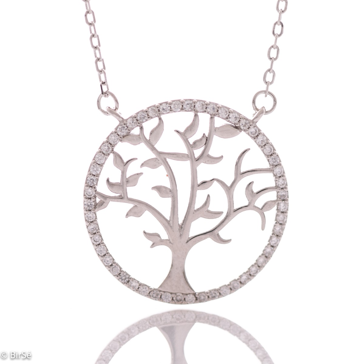 A charming women's necklace with precision rhodium-plated silver craftsmanship and delicate details forming the Tree of Life, surrounded by sparkling zircons.