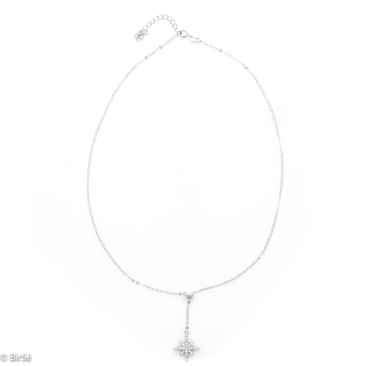 An exquisite necklace in classic soft silver with a beautiful star pendant, fully decorated with sparkling zircons.