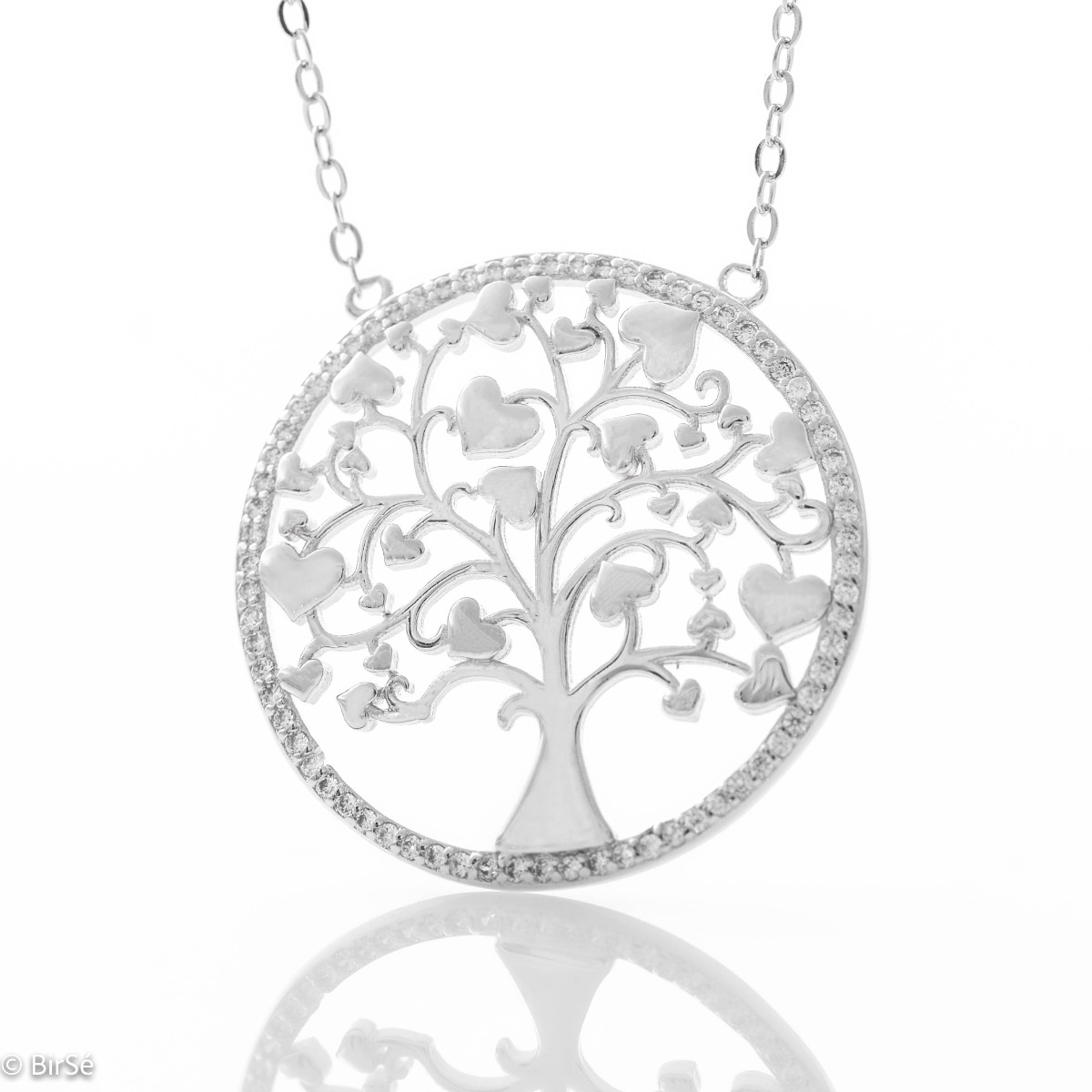 A charming women's necklace with precision rhodium-plated silver craftsmanship and delicate details forming the Tree of Life, surrounded by sparkling zircons.