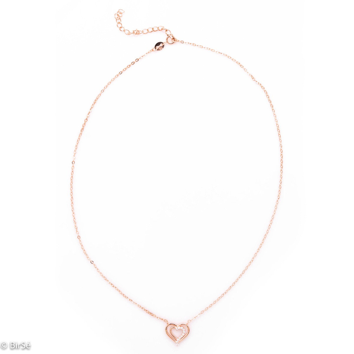 A delicate rhodium-plated rose silver heart-shaped necklace for women, elegantly sculpted and decorated with sparkling zircons.