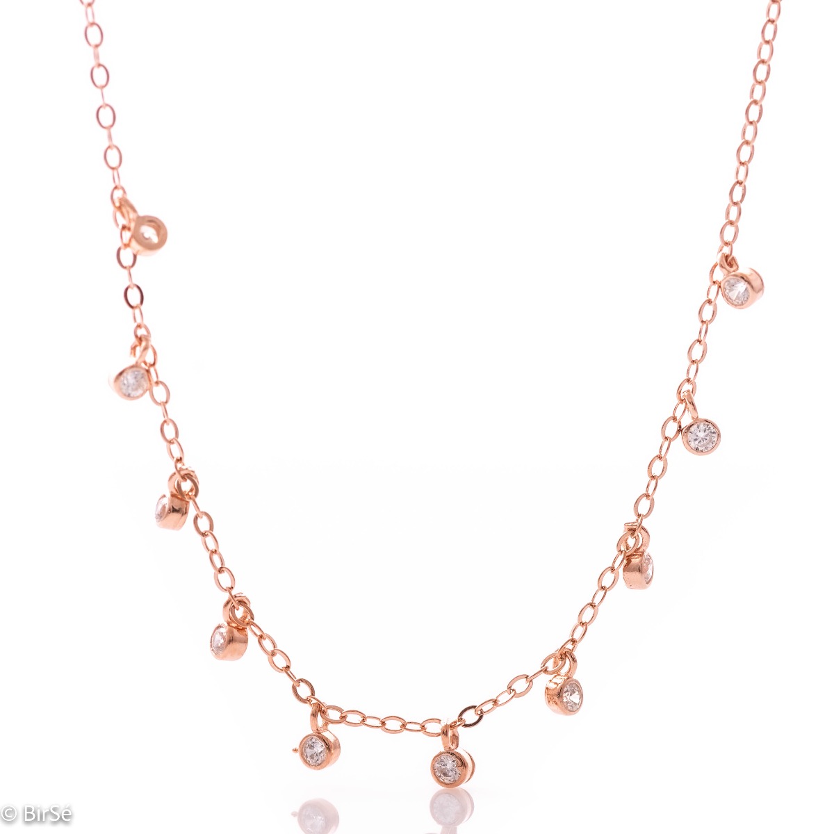 Stylish women's necklace in fine rose silver with pendants of sparkling zircons. The model is suitable for both formal events in your life and everyday life.